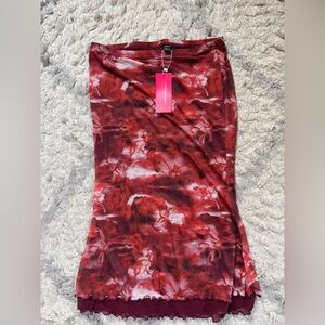 Shein Skirt Womens Medium Red Floral Tie Dye Lettuce Hem Mesh